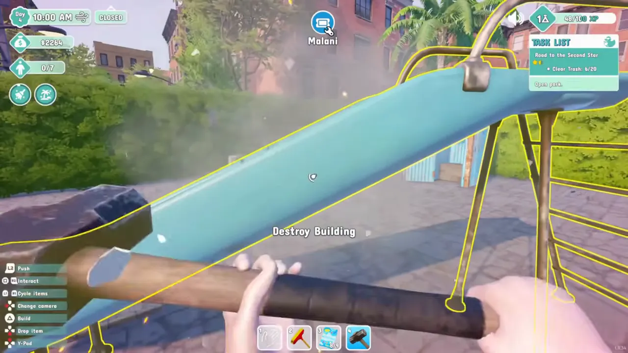 A player swinging the sledgehammer at a blue slide outlined in yellow, with the prompt Destroy Building and a burst of dust