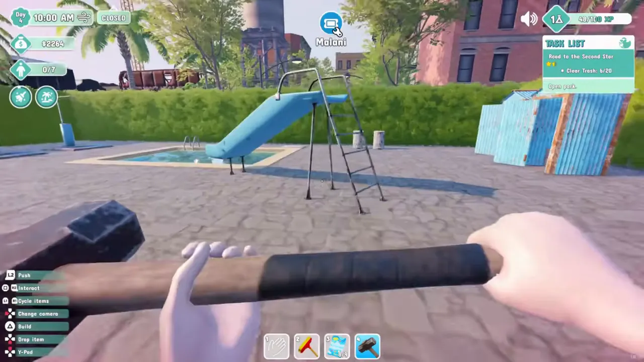 First-person view holding the sledgehammer in both hands, walking toward an old blue slide beside a small pool