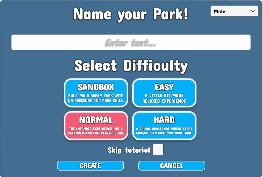 The new game screen with Name your Park, a Select Difficulty choice of Sandbox, Easy, Normal and Hard, and a Skip tutorial box