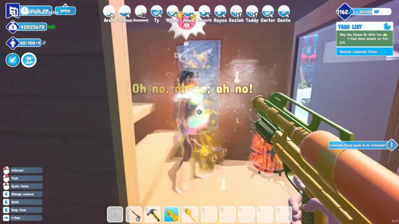 A guest on fire inside a Waterpark Simulator sauna while the player aims the water gun at them