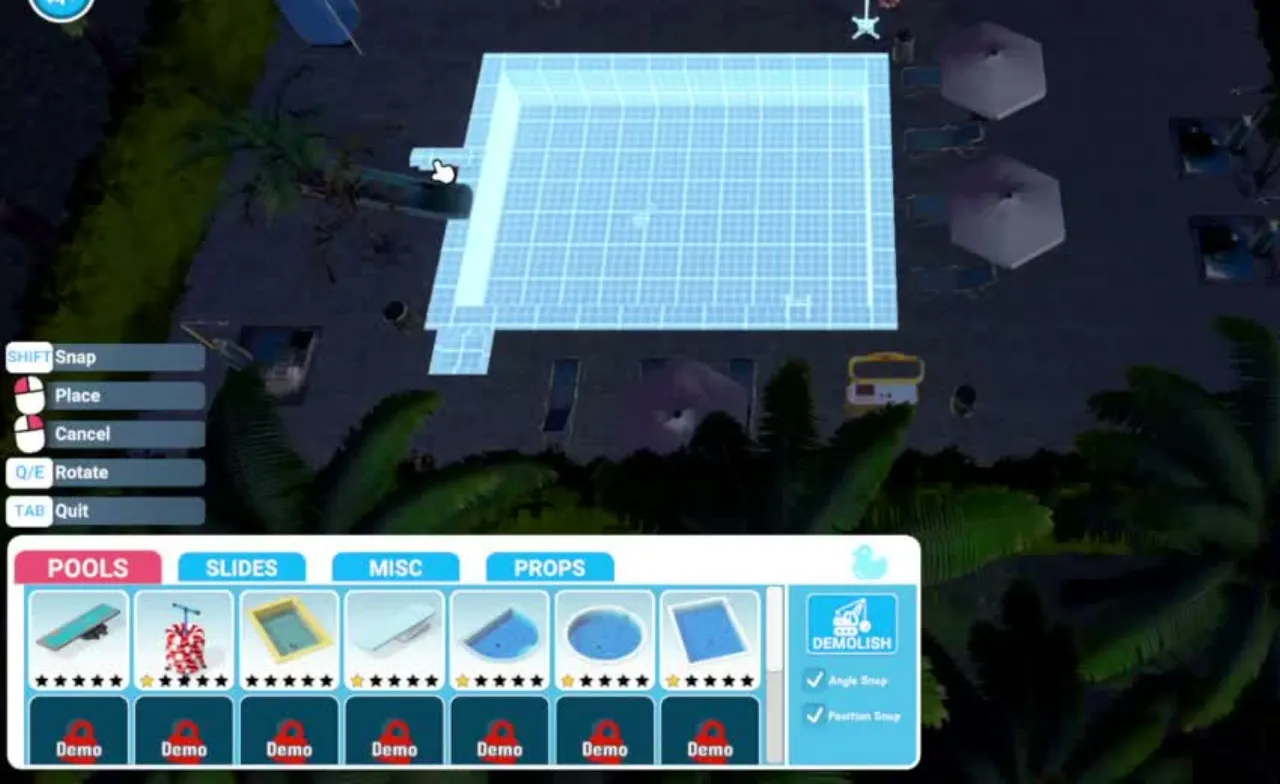 The Waterpark Simulator demo build placing a pool during a CrossOver-on-Mac stream, with Demo tags on every pool in the build menu