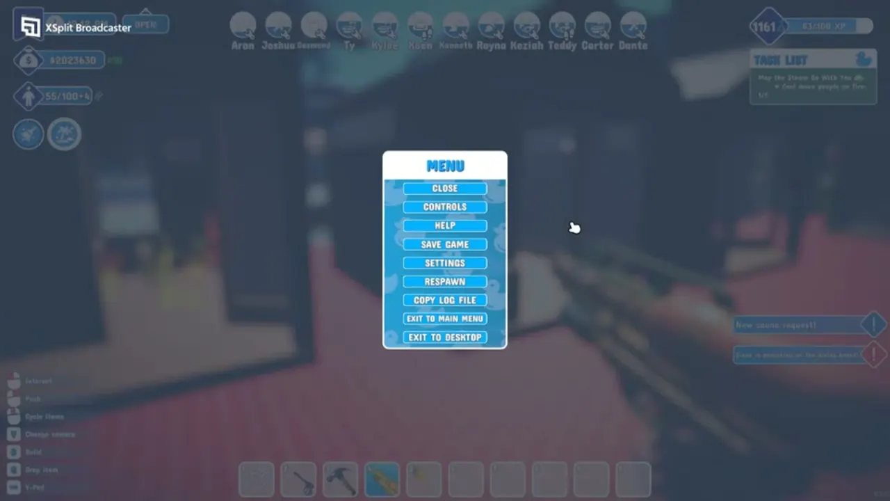 The Waterpark Simulator pause menu: Close, Controls, Help, Save Game, Settings, Respawn, Copy Log File, Exit to Main Menu, Exit to Desktop