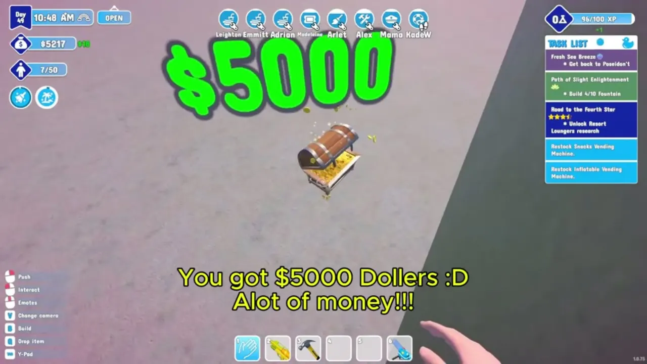The treasure chest on a rooftop platform with a large $5000 shown on screen after picking it up