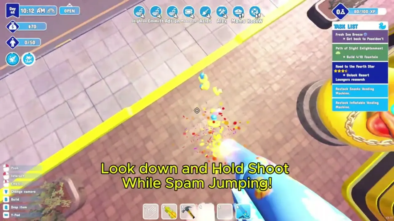 First-person view looking down at the ground while firing the Duck Gun to gain height