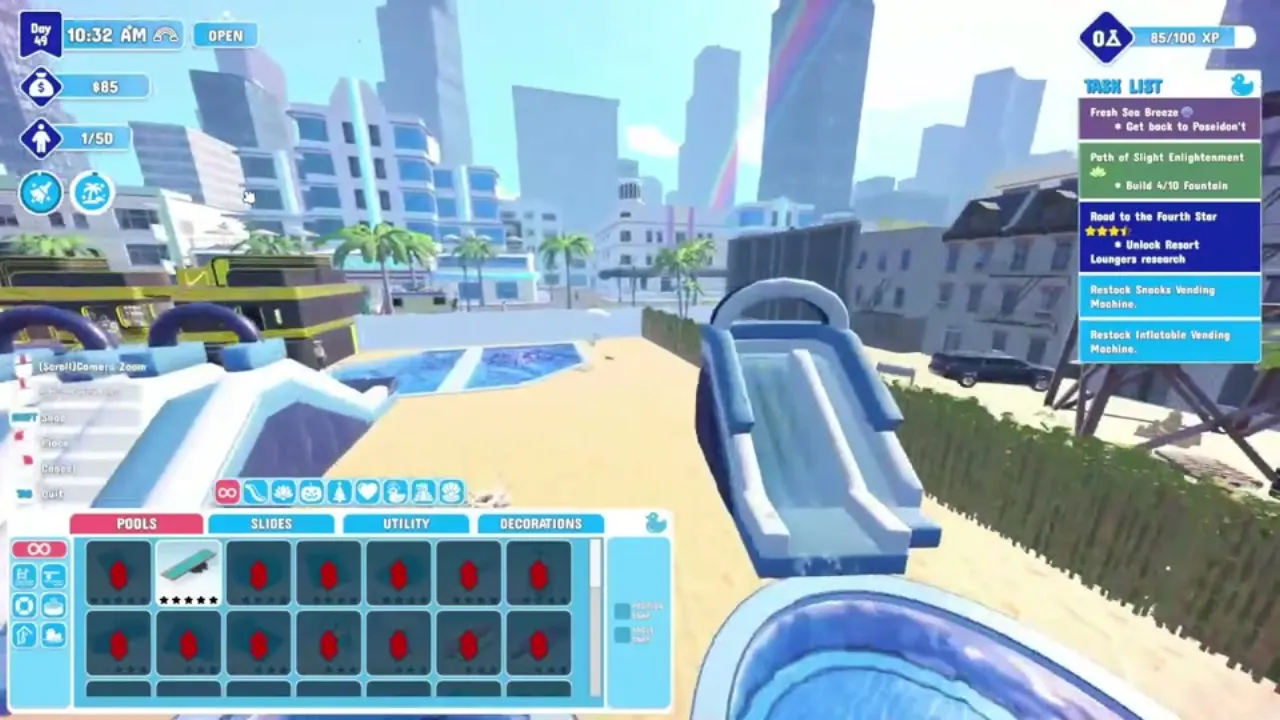 A rainbow arcing over the city skyline behind a Waterpark Simulator park, with the rainbow weather icon showing next to the in-game clock