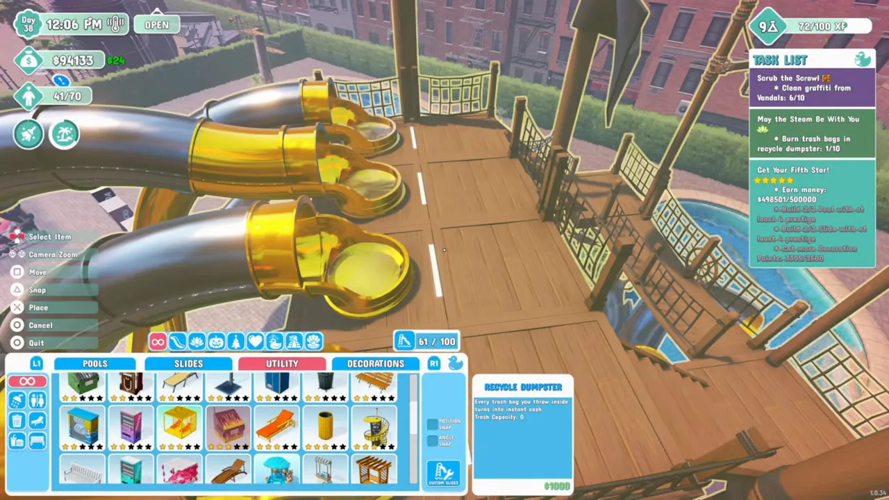 The build menu Utility tab with the Recycle Dumpster card reading Every trash bag you throw inside turns into instant cash, Trash Capacity 0, price $1000, and the task May the Steam Be With You: Burn trash bags in recycle dumpster 1/10
