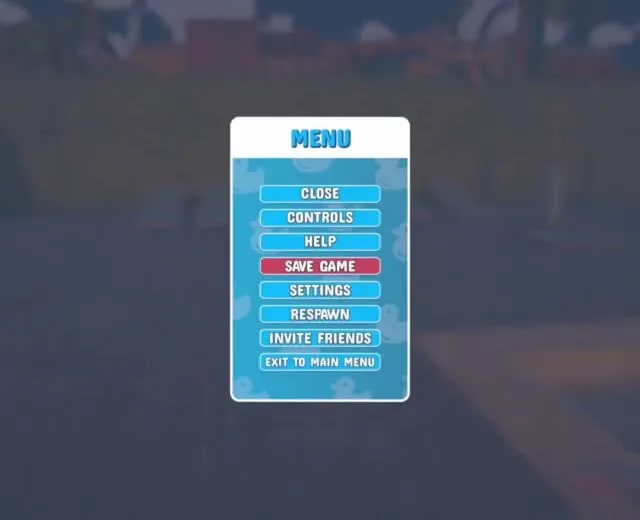 The Waterpark Simulator pause menu with Save Game highlighted among Close, Controls, Help, Settings, Respawn, Invite Friends and Exit to Main Menu