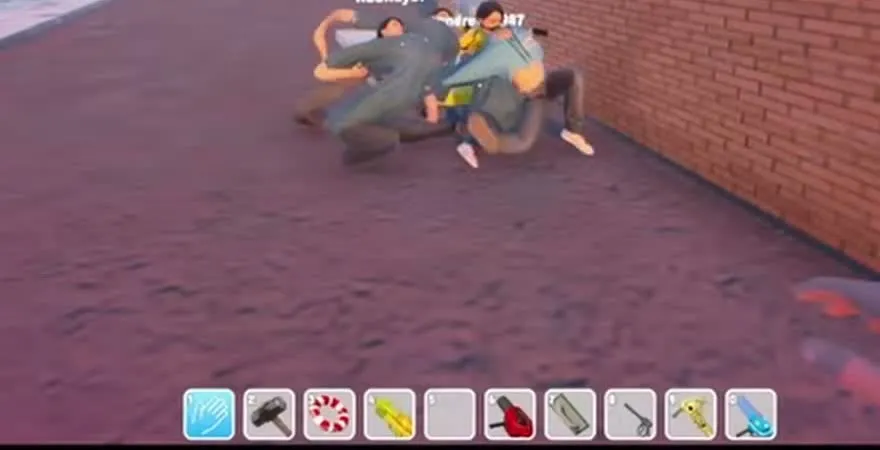 Several staff members lying in a heap in a brick alley at 7 PM after the park has closed