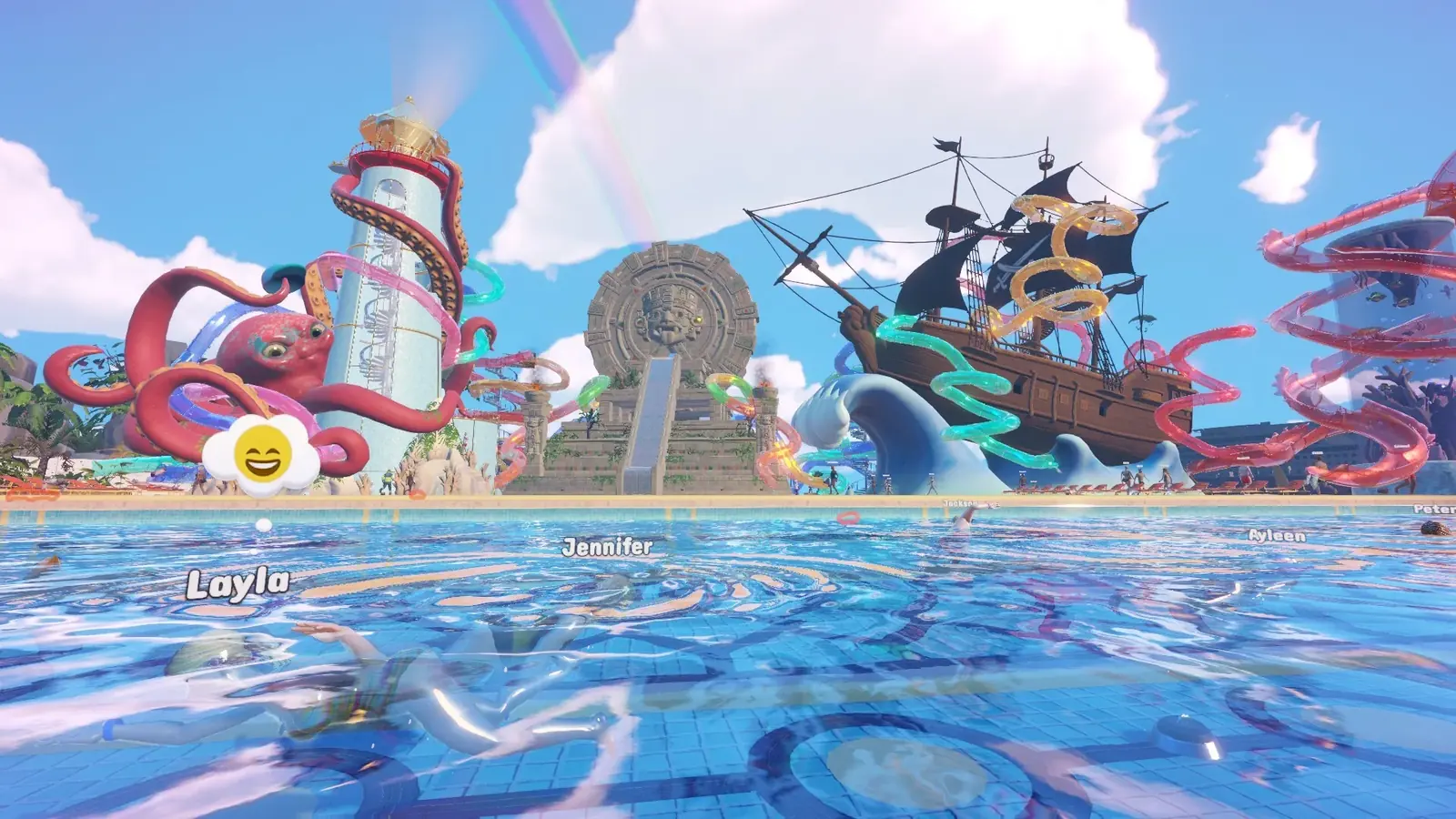 Pools and water slides in a Waterpark Simulator park with guests in the water