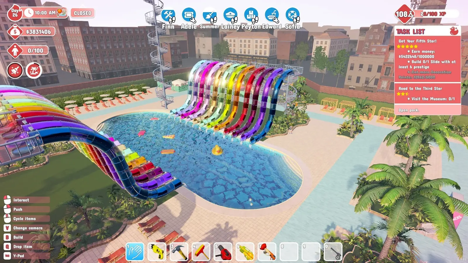 The Waterpark Simulator HUD showing the staff bar, park stats and the on-screen task list
