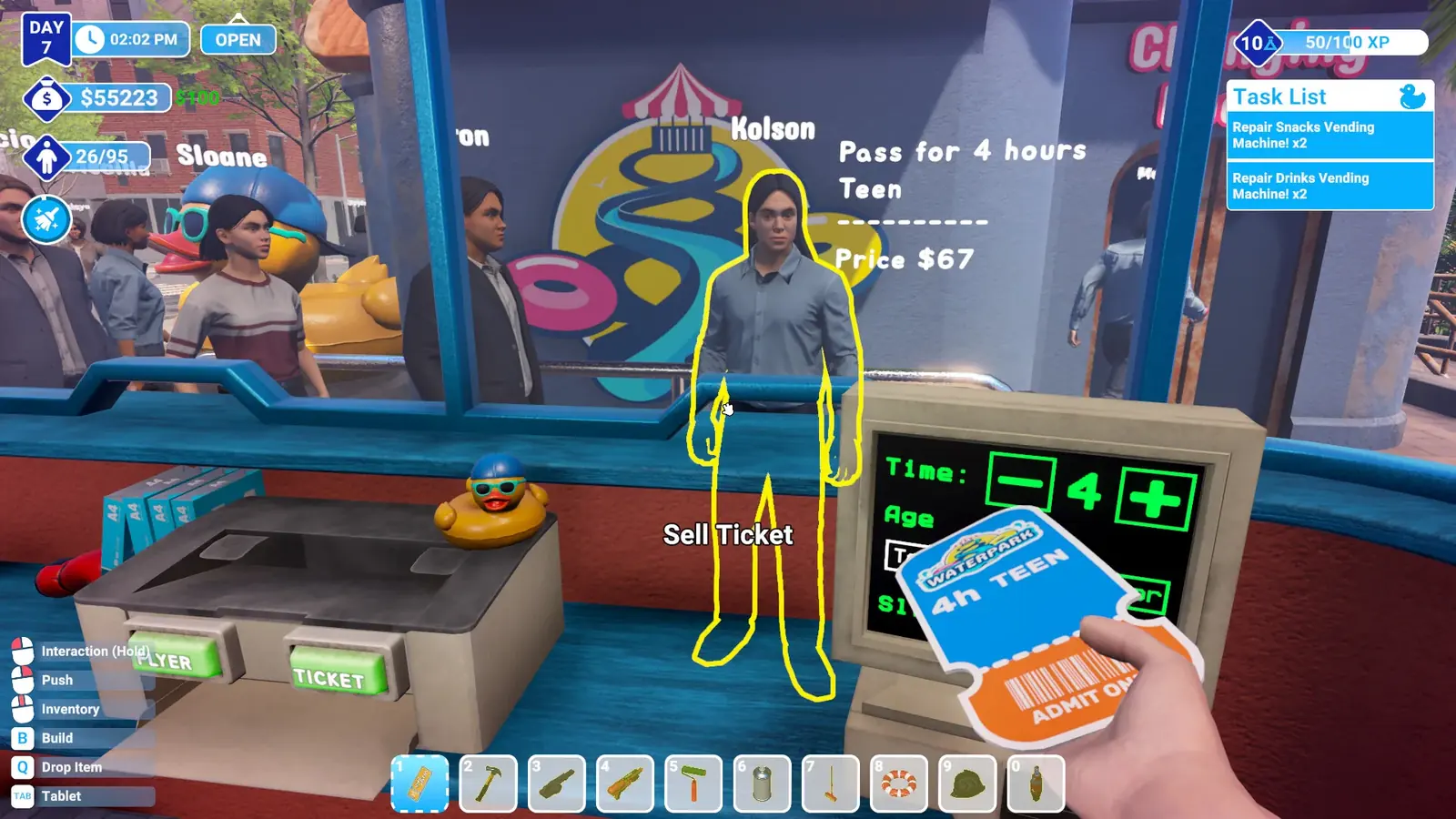 Selling a ticket at the Waterpark Simulator entrance desk, with the task list on screen
