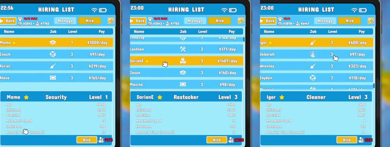 Three hiring list screens in Waterpark Simulator showing star hires Mama as security, DorianE as a restocker and Igor as a cleaner