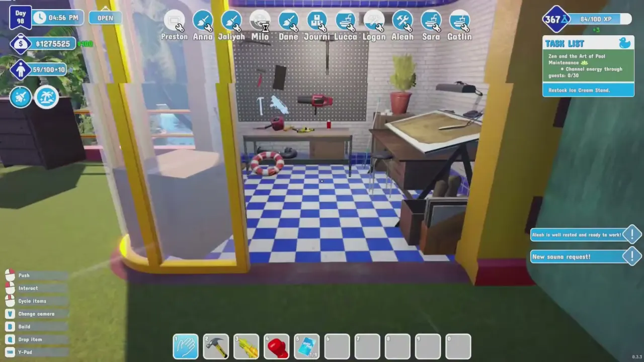 The tool room with a pegboard and workbench, task list showing Channel energy through guests 0/30 before the Taser is picked up