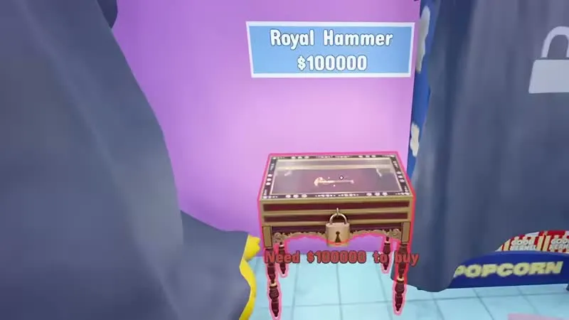 An ornate locked display case in Caymart under a sign reading Royal Hammer $100000, with the prompt Need $100000 to buy