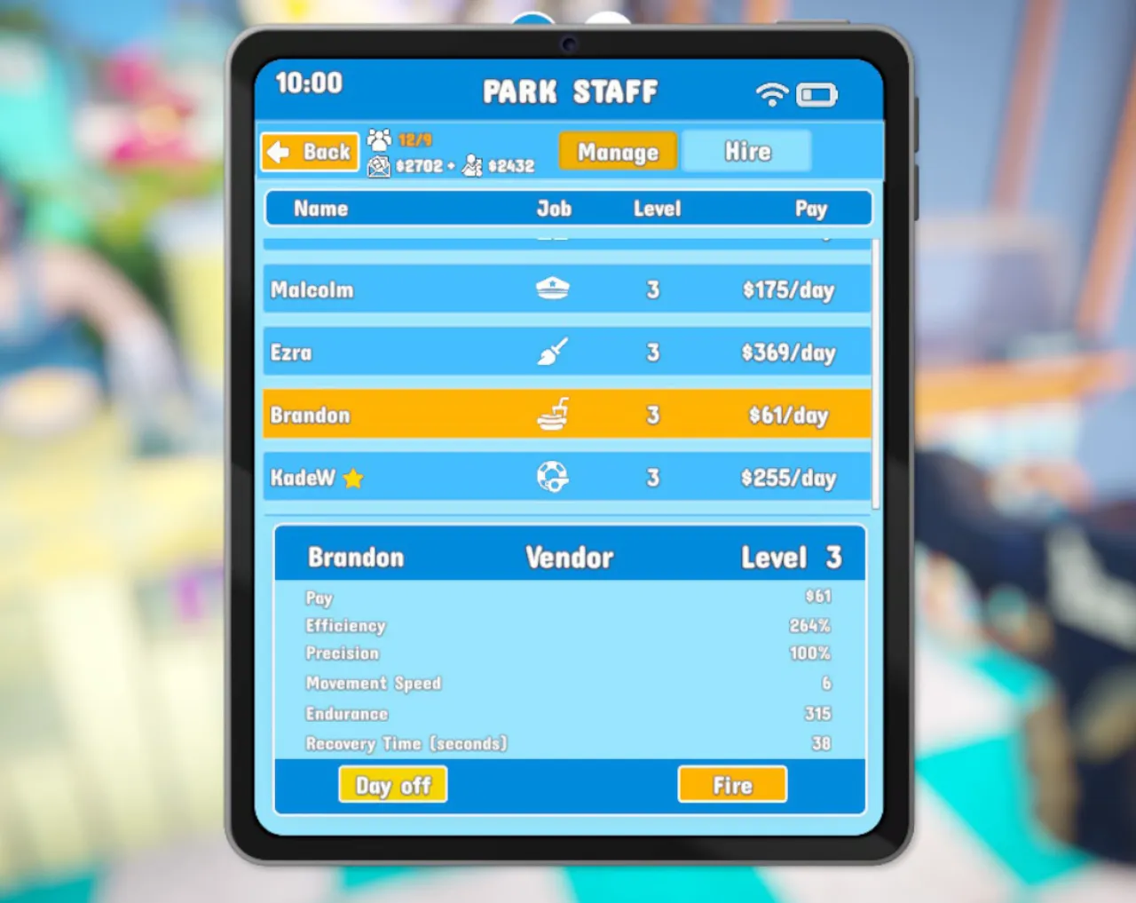 The Park Staff tablet screen with a level 3 vendor selected, showing the Day off button beside Fire