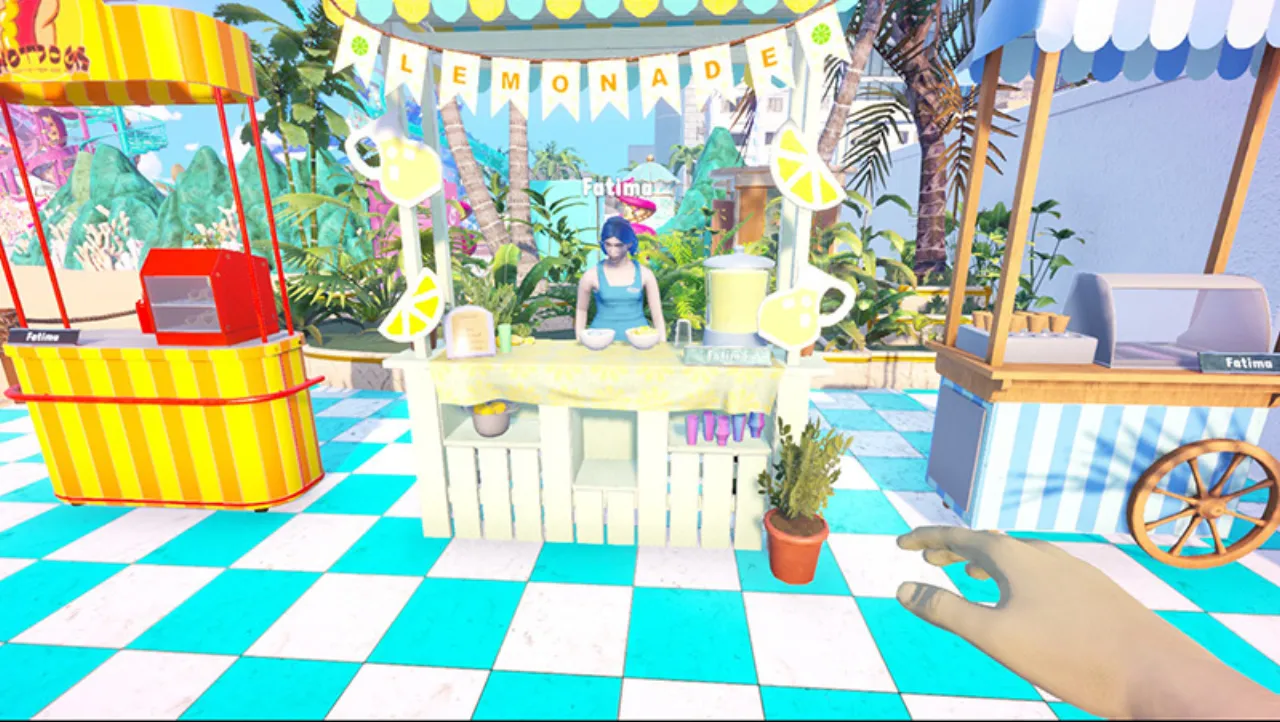 Three separate stands in a Waterpark Simulator park, each showing the same vendor nameplate reading Fatima