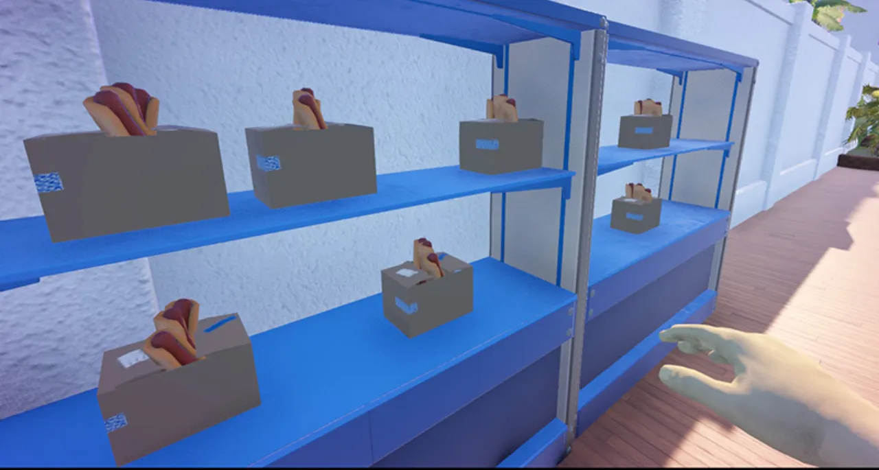 Blue shelving units stacked with hotdog supply boxes, the new shelves added in Waterpark Simulator update 1.0.91