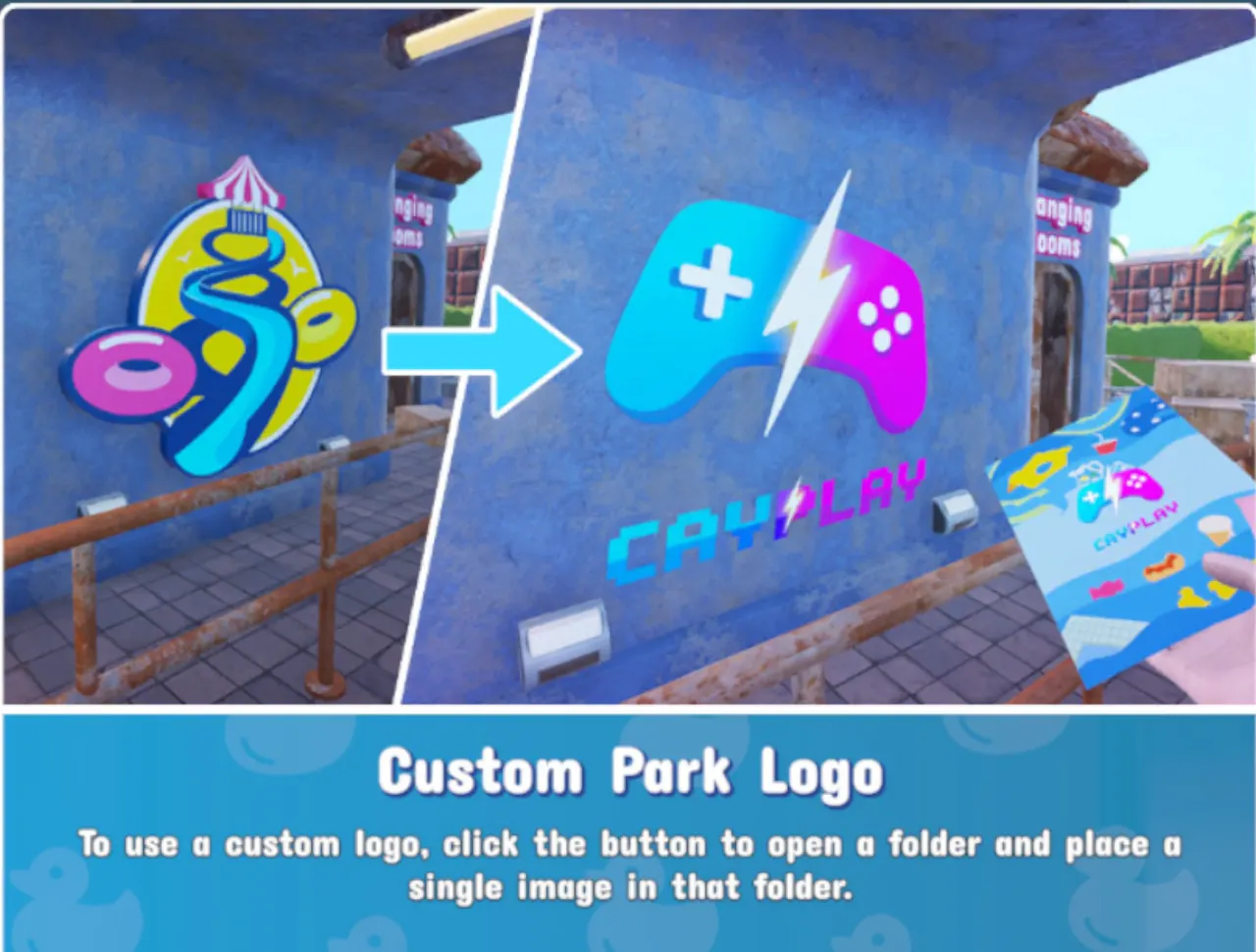 A park wall logo swapping from the default ring logo to a custom game controller logo, over the tablet text Custom Park Logo: To use a custom logo, click the button to open a folder and place a single image in that folder