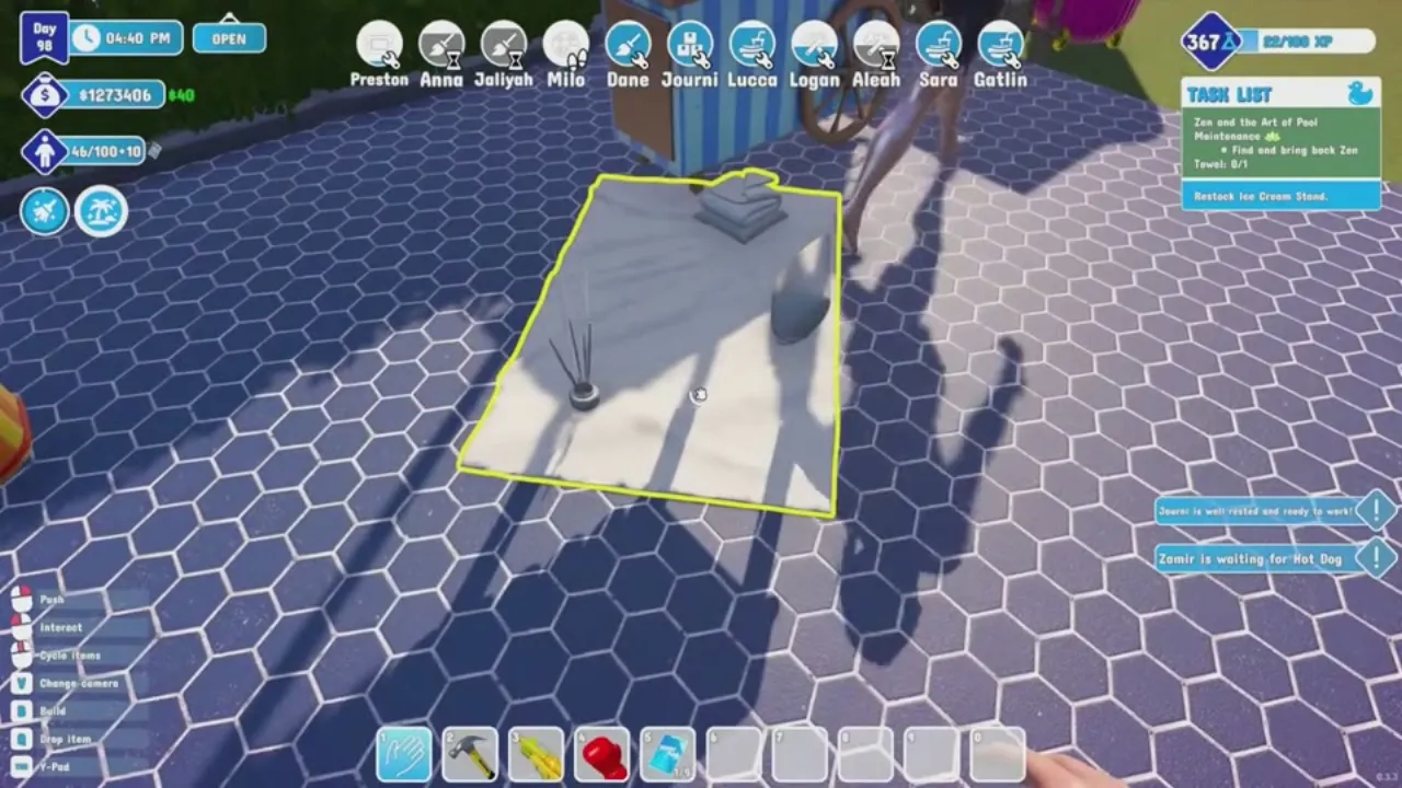 The Zen Towel in Waterpark Simulator: a white towel with an incense holder lying on hex-tiled ground, highlighted in yellow, with the task list reading Find and bring back Zen Towel 0/1